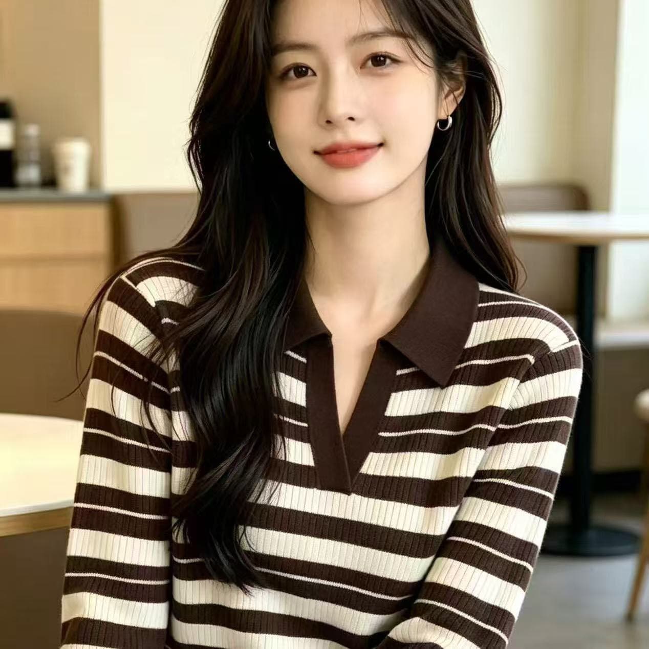 프랑스식 레트로 스트라이프 배색 칼라 긴팔 맨위 여성 의류 이른 가을 새로운 몸매 가꾸기 슬림해 보이는 니트 기본 셔츠 이미지 2