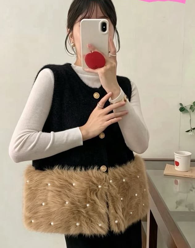 털이 많은 패치워크 민소매 조끼 여자 싱글 줄 버튼 패치워크 색상 조끼 조끼 맨위 상세 이미지 1