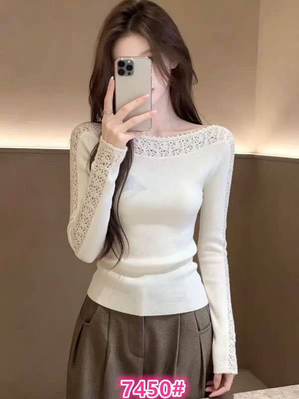 프랑스식 고급 센스 화이트 보트넥 자수 홀로우 아웃 니트 스웨터 여성 봄 가을 품격 기본 셔츠 슈퍼 잘 생긴 맨위 상세 이미지 1