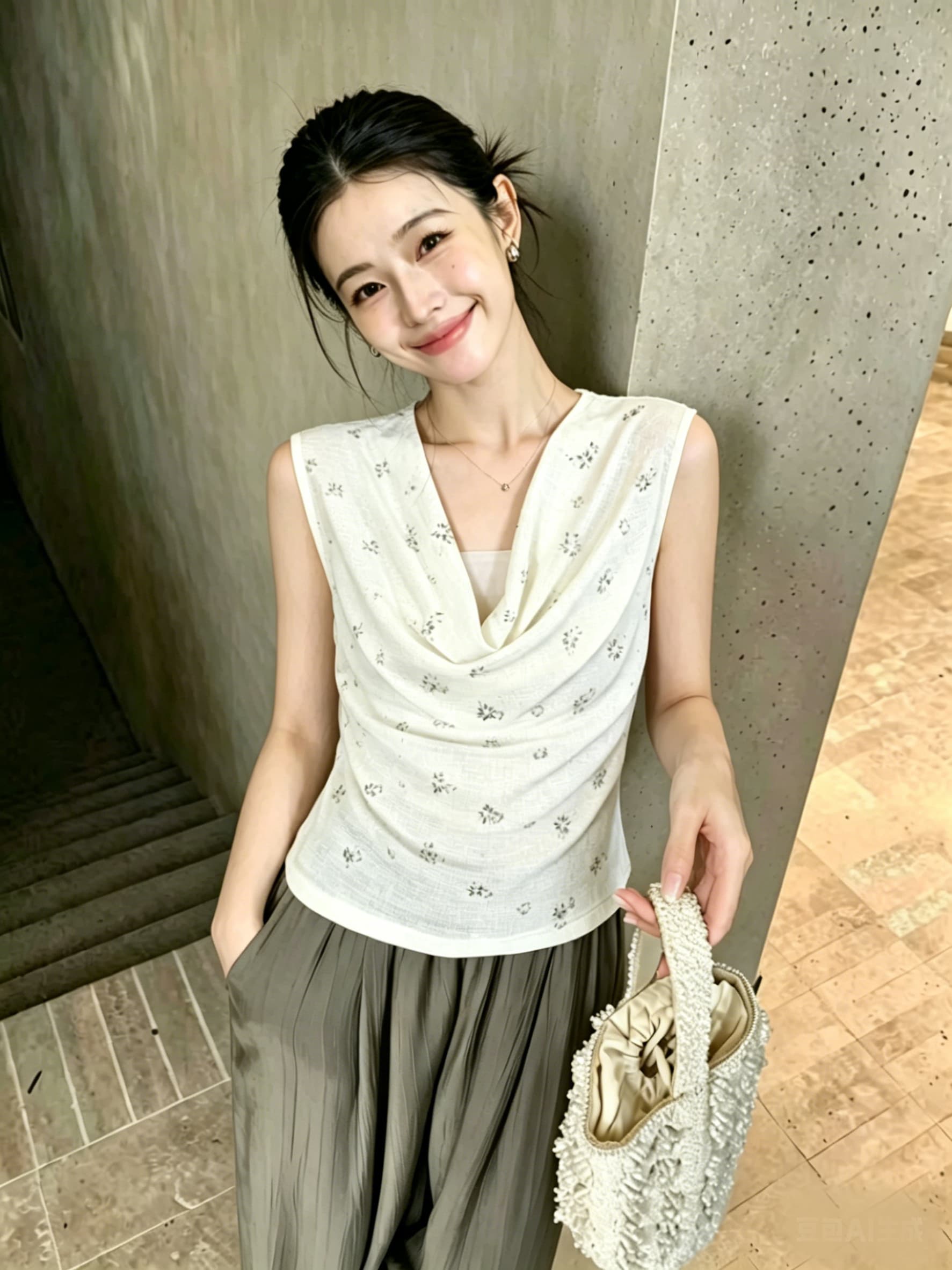 프랑스식 고급 센스 흔들다 칼라 슬림해 보이는 높은 탄력성 3 차원 무거운 작업 비즈 박기 민소매 조끼 니트 작은 셔츠 맨위 여름 상세 이미지 1