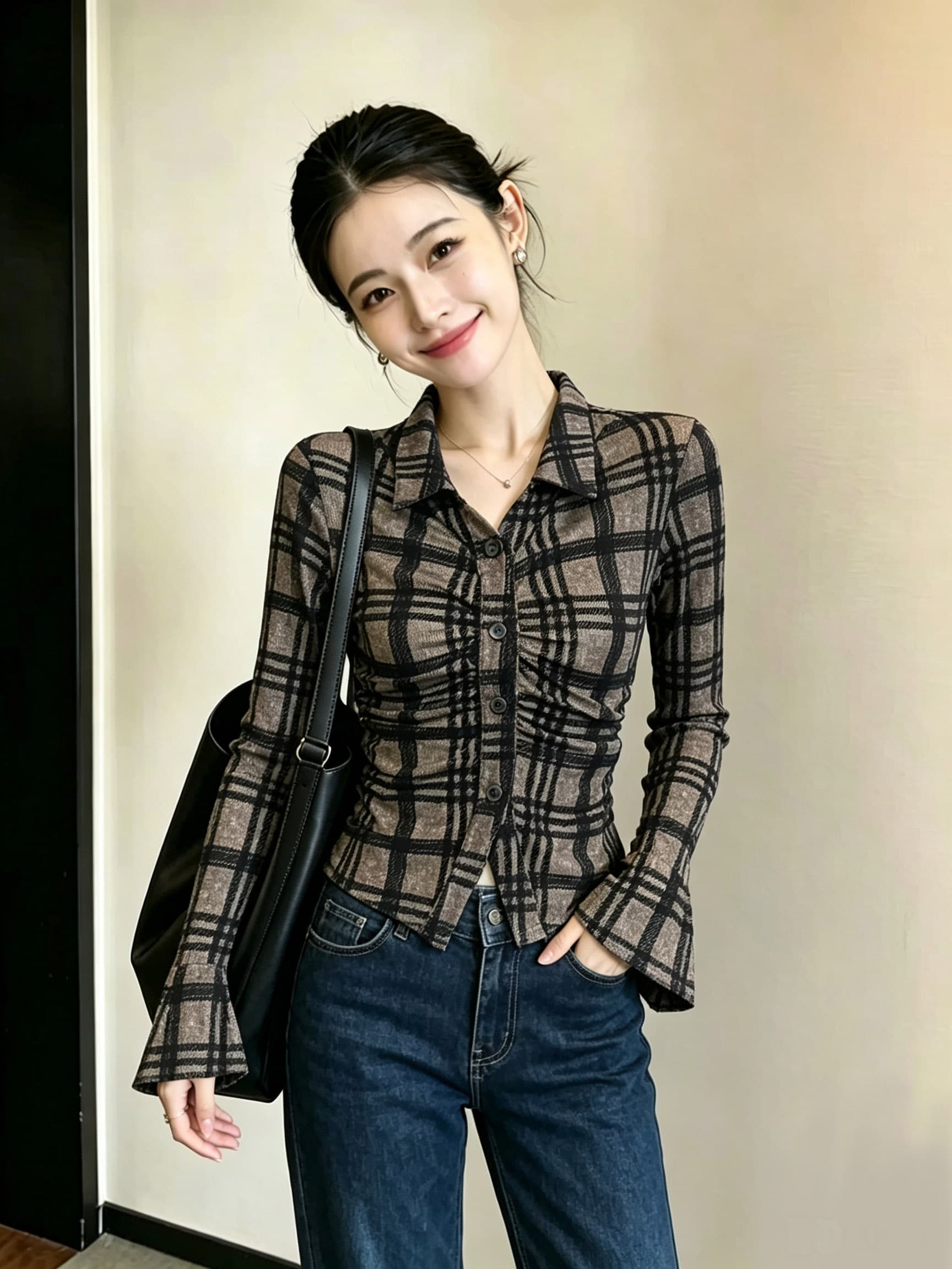가을 겨울 식물 플러시 망사 슈퍼 디스플레이 몸 뒤집어엎다 뿔 허리 몸매 가꾸기 셔츠 레트로 체크무늬 부츠컷 소매 맨위 상세 이미지 1