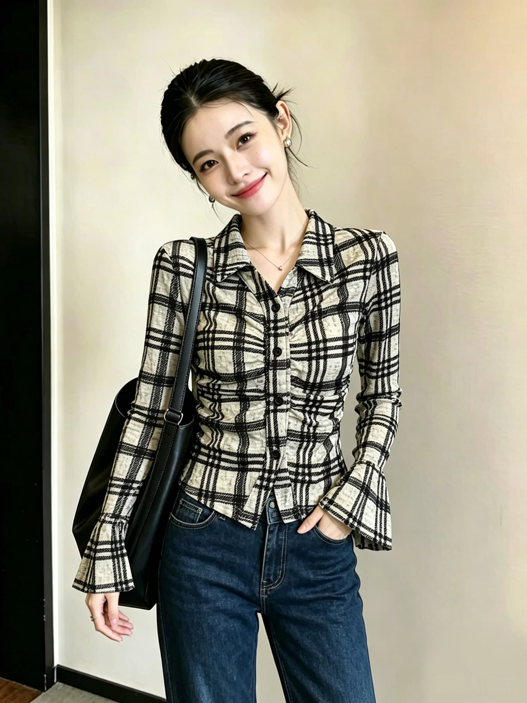 가을 겨울 식물 플러시 망사 슈퍼 디스플레이 몸 뒤집어엎다 뿔 허리 몸매 가꾸기 셔츠 레트로 체크무늬 부츠컷 소매 맨위 상세 이미지 2