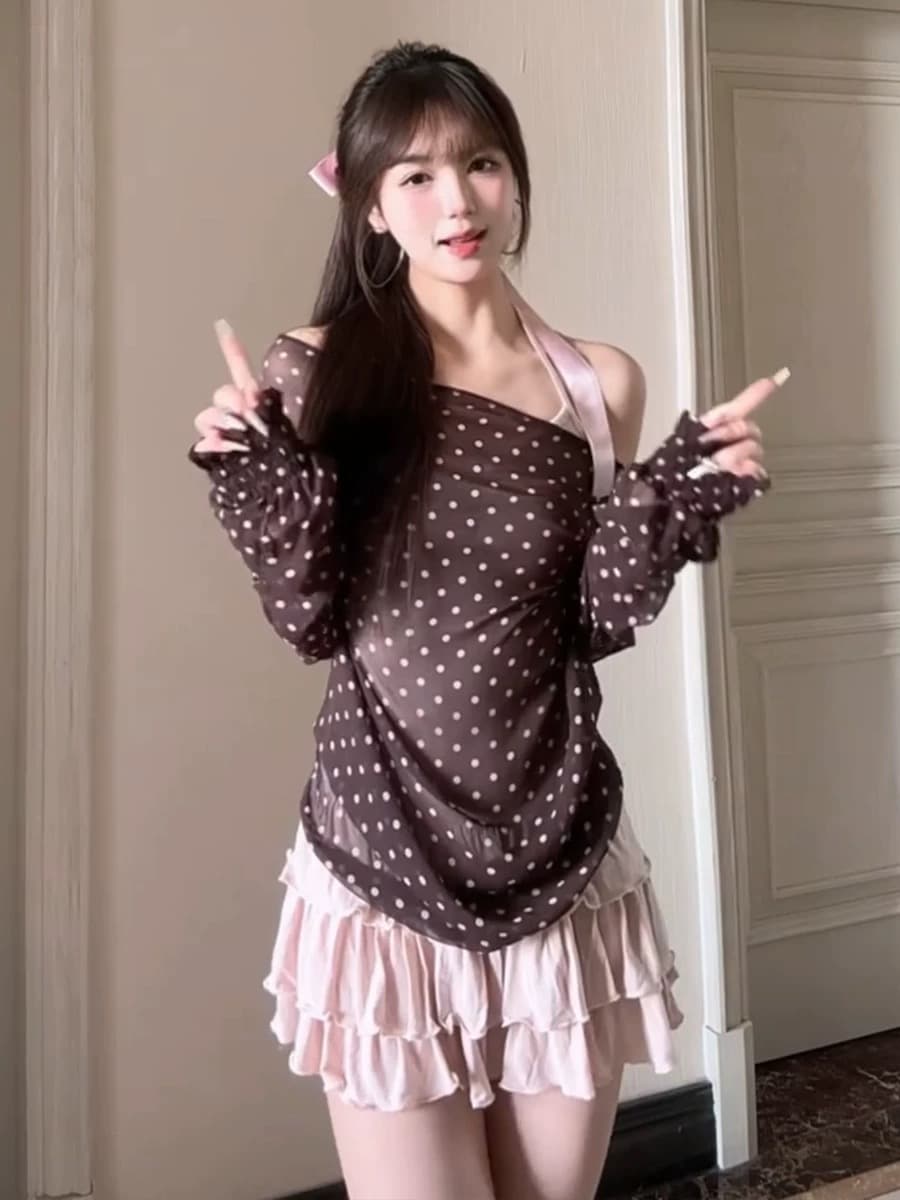 한 부서 도트 무늬 블라우스 핑크색 슬립 드레스 아이들 이른 봄 2026 새로운 슈퍼 화재 착용 가져 가라. 에이즈 환자 세트 드레스 상세 이미지 2
