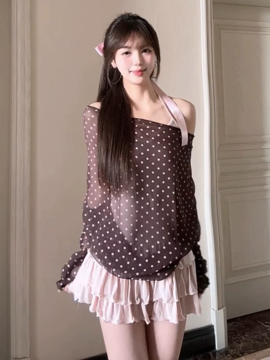 한 부서 도트 무늬 블라우스 핑크색 슬립 드레스 아이들 이른 봄 2026 새로운 슈퍼 화재 착용 가져 가라. 에이즈 환자 세트 드레스 상세 이미지 3