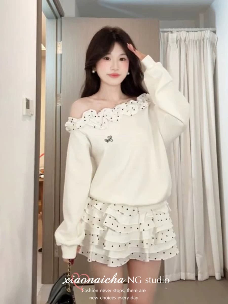 달콤한 스타일 도트 무늬 프릴 비스듬한 어깨 긴팔 티셔츠 맨위 여성 봄 가을 새로운 패션 케이크 드레스 투피스 세트 이미지 2