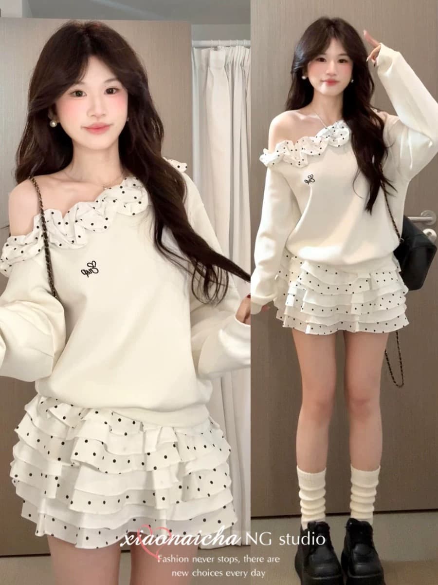 달콤한 스타일 도트 무늬 프릴 비스듬한 어깨 긴팔 티셔츠 맨위 여성 봄 가을 새로운 패션 케이크 드레스 투피스 세트 상세 이미지 1