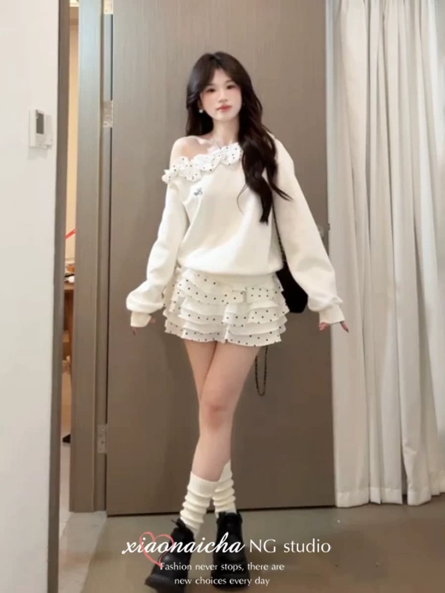 달콤한 스타일 도트 무늬 프릴 비스듬한 어깨 긴팔 티셔츠 맨위 여성 봄 가을 새로운 패션 케이크 드레스 투피스 세트 상세 이미지 4