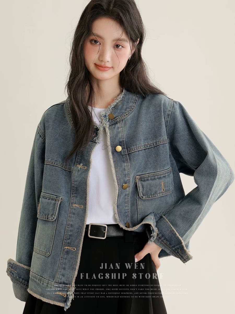2026 봄 가을 새로운 레트로 거친 가장자리 워싱 데님 여성 코트 디자인 센스 루즈핏 쇼트 스타일 다용도 재킷 맨위 상세 이미지 4
