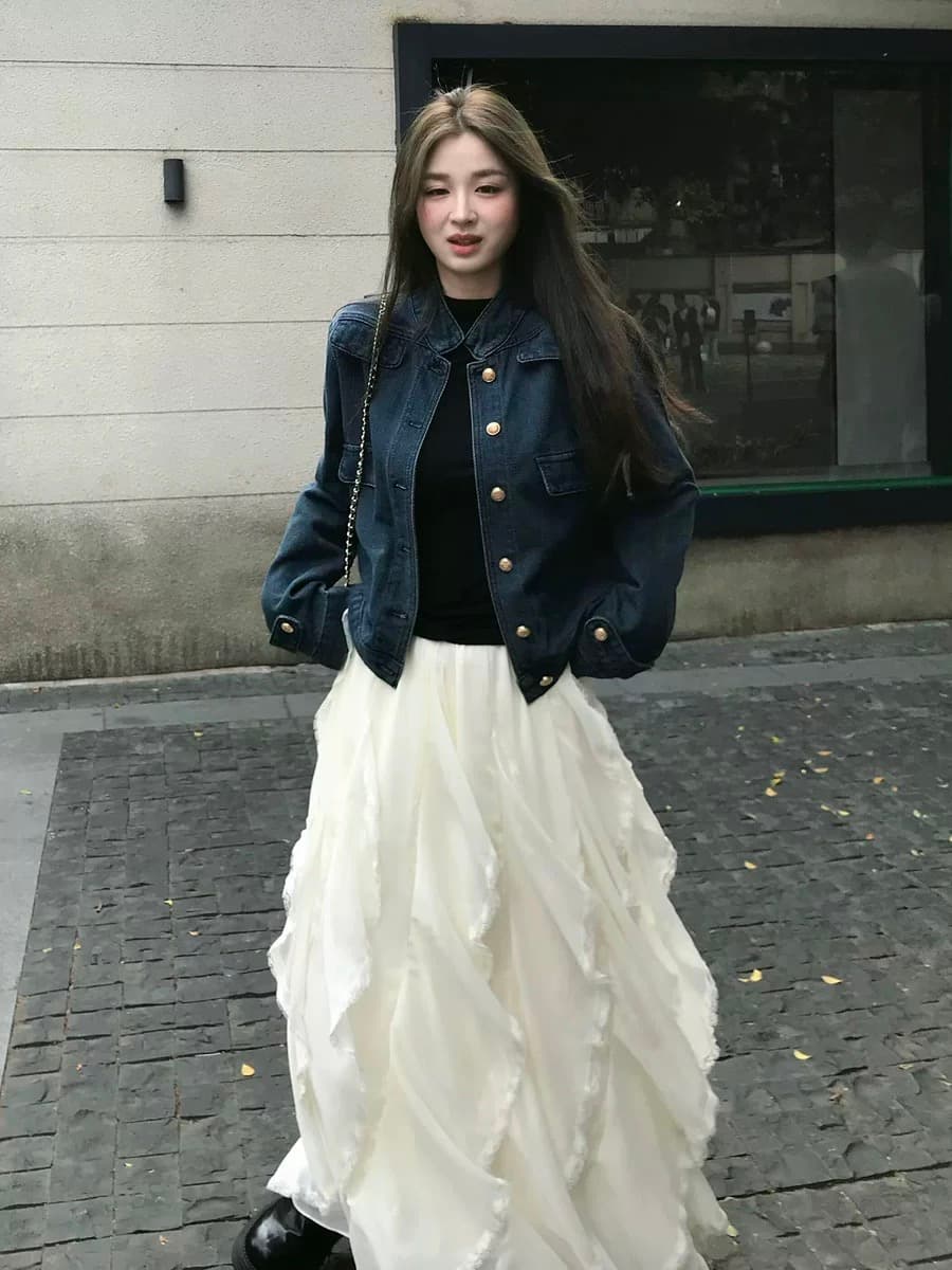 아메리칸 레트로 단추 오픈 가디건 데님 파란색 짧은 여성 코트 봄 루즈핏 디자인 센스 마 오래된 캐주얼 맨위 트렌디 상세 이미지 1