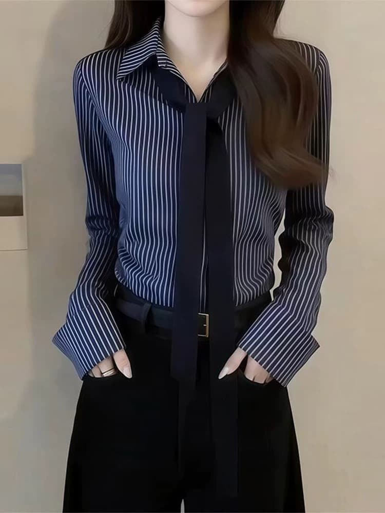 아메리칸 학원 스타일 POLO 칼라 연령 감소 핫걸 셔츠 긴팔 여성 봄 빛 요리 한 디자인 스트라이프 허리 수축 맨위 여성