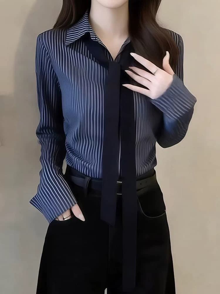 아메리칸 학원 스타일 POLO 칼라 연령 감소 핫걸 셔츠 긴팔 여성 봄 빛 요리 한 디자인 스트라이프 허리 수축 맨위 여성 이미지 2