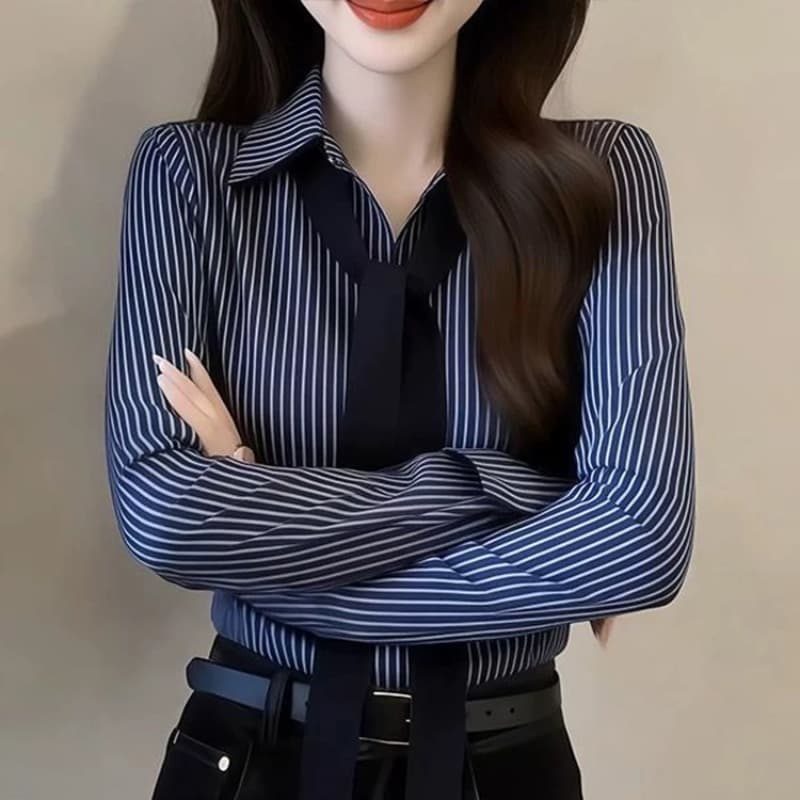 아메리칸 학원 스타일 POLO 칼라 연령 감소 핫걸 셔츠 긴팔 여성 봄 빛 요리 한 디자인 스트라이프 허리 수축 맨위 여성 이미지 5
