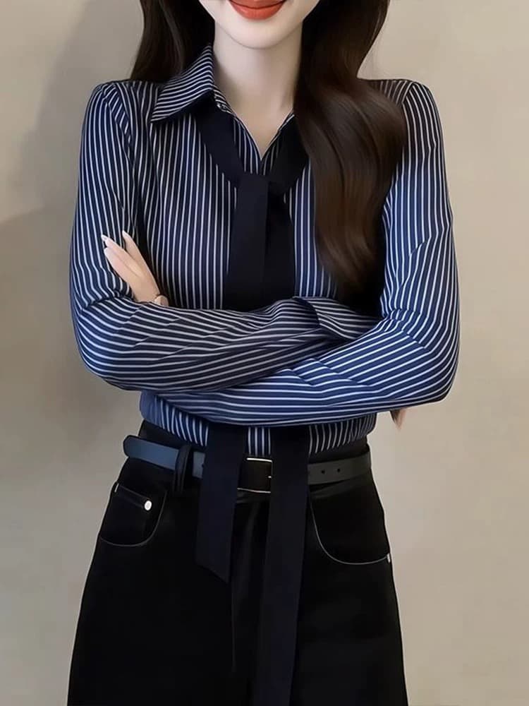 아메리칸 학원 스타일 POLO 칼라 연령 감소 핫걸 셔츠 긴팔 여성 봄 빛 요리 한 디자인 스트라이프 허리 수축 맨위 여성 상세 이미지 5