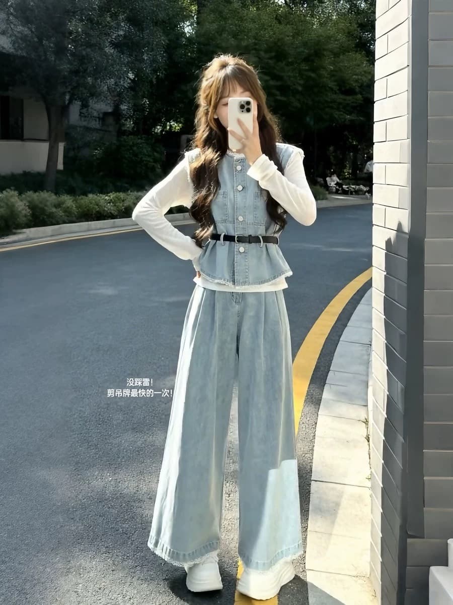 열린 봄 코디 전체 집합 2026 새로운 연령 감소 슬림해 보이는 데님 베스트 스택 착용 맨위 넓은 다리 길이 바지 3종 세트 상세 이미지 1