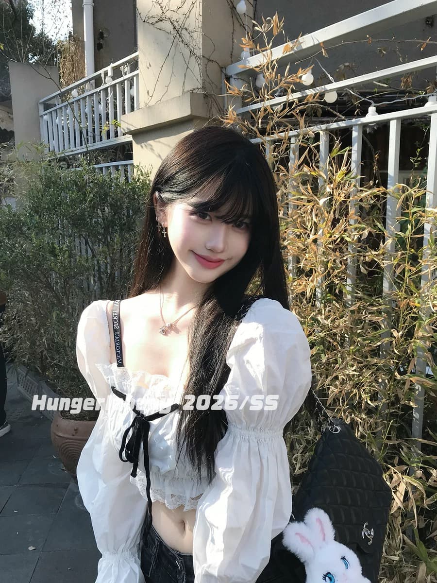 hungerlababy 26ss 작은 대중 디자인 센스 화이트 광장 칼라 레이스 조각 거품 소매 쇼트 스타일 맨위 여성 상세 이미지 4
