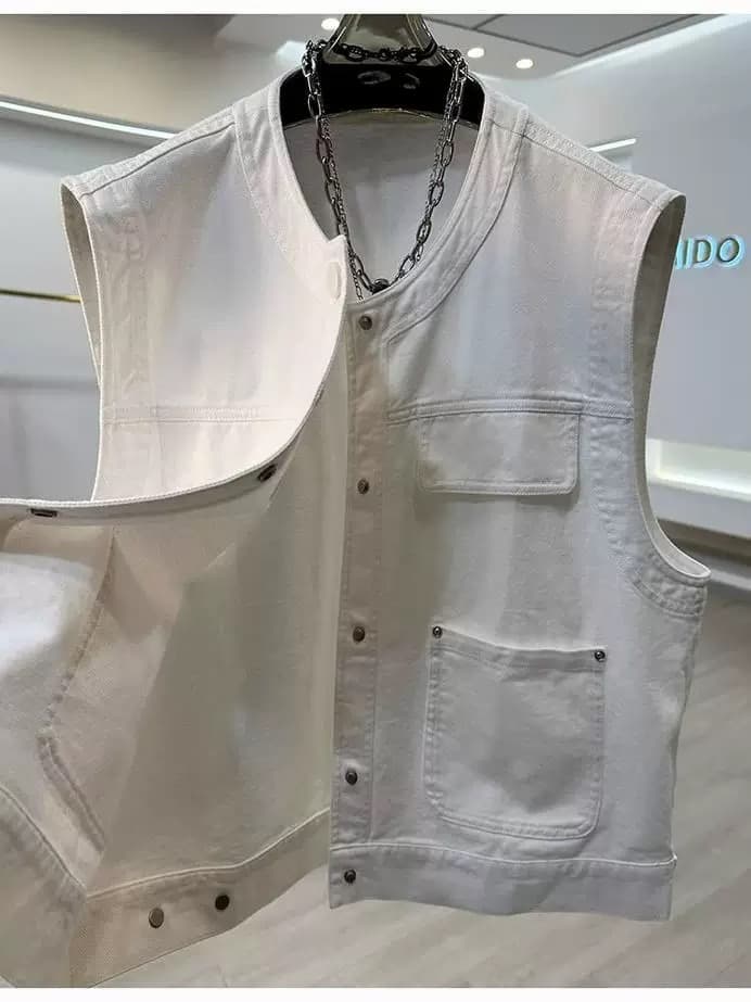 높은 품질 면 소재 화이트 데님 민소매 조끼 여성 봄 여름 워크웨어 주머니 스택 착용 베스트 가을 슈퍼 잘 생긴 맨위 이미지 3