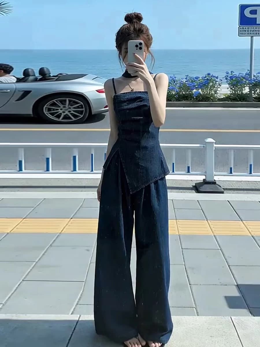항구 바람 레트로 불규칙 주름 슬립 맨위 하이웨이스트 와이드 레그 팬츠 두 조각 여성 세트 여름 패션 데님 세트 상세 이미지 1