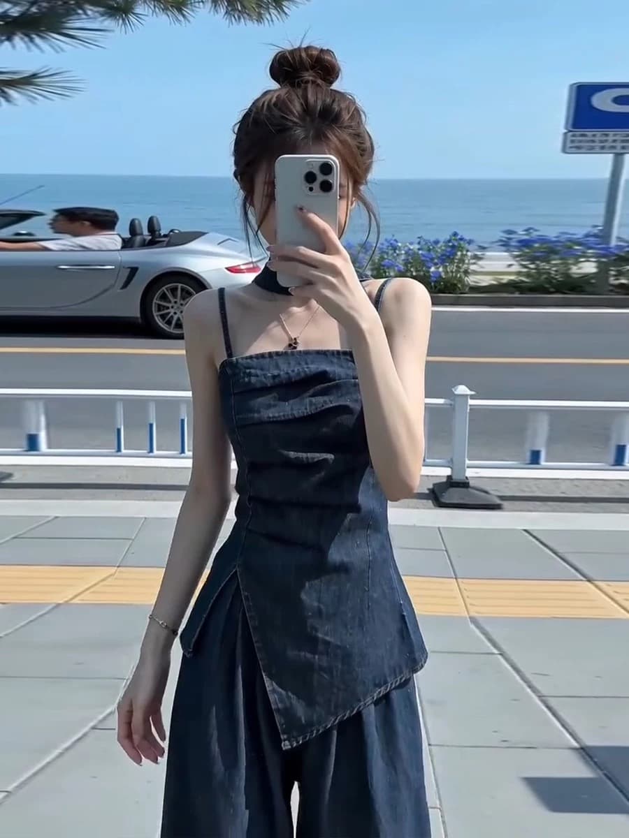 항구 바람 레트로 불규칙 주름 슬립 맨위 하이웨이스트 와이드 레그 팬츠 두 조각 여성 세트 여름 패션 데님 세트 상세 이미지 2