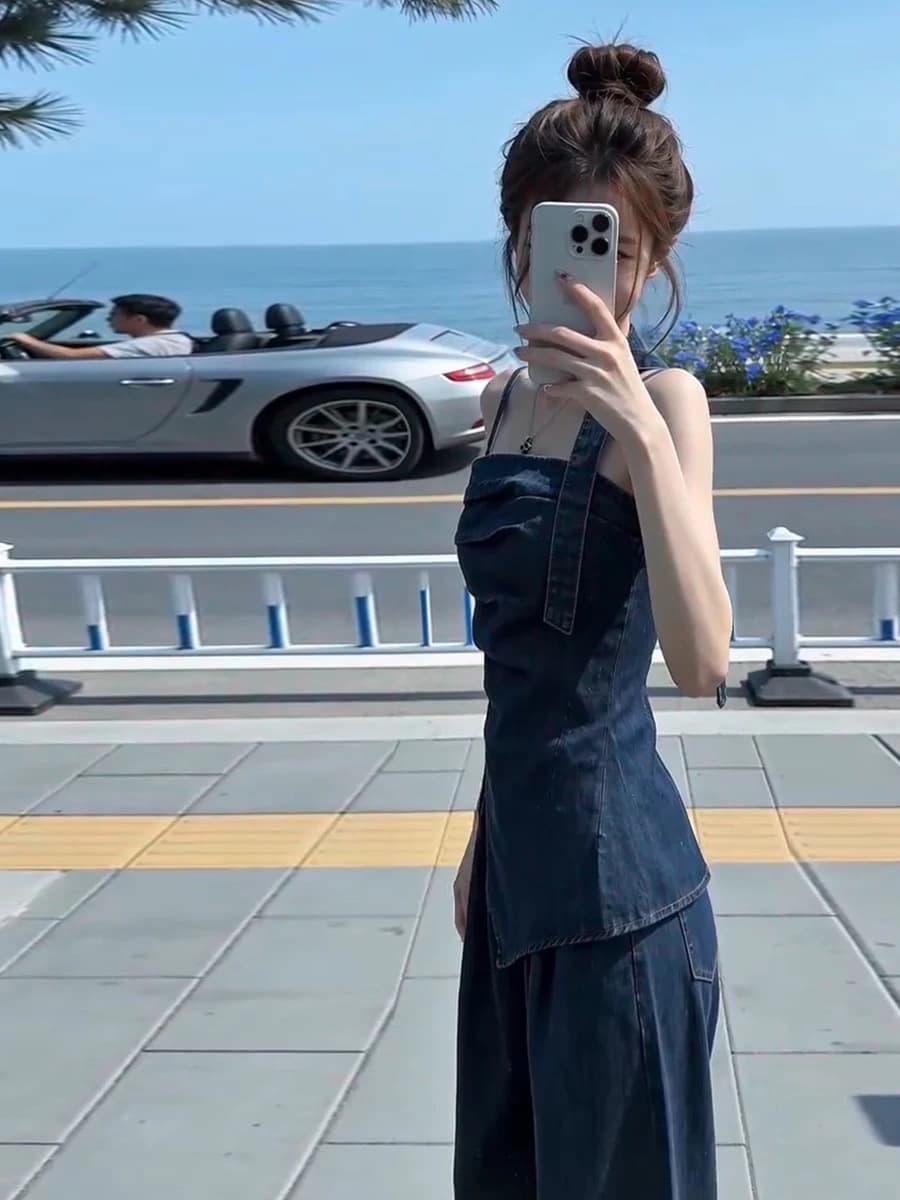 항구 바람 레트로 불규칙 주름 슬립 맨위 하이웨이스트 와이드 레그 팬츠 두 조각 여성 세트 여름 패션 데님 세트 상세 이미지 4