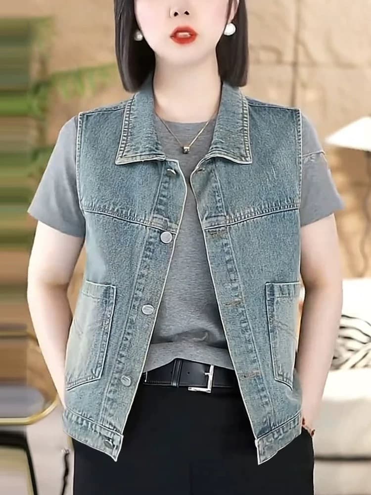 패션 품격 데님 조끼 여자 2026 여름 새로운 폭발 한국 스타일 연령 감소 고급 센스 민소매 어깨 조끼 이미지 3