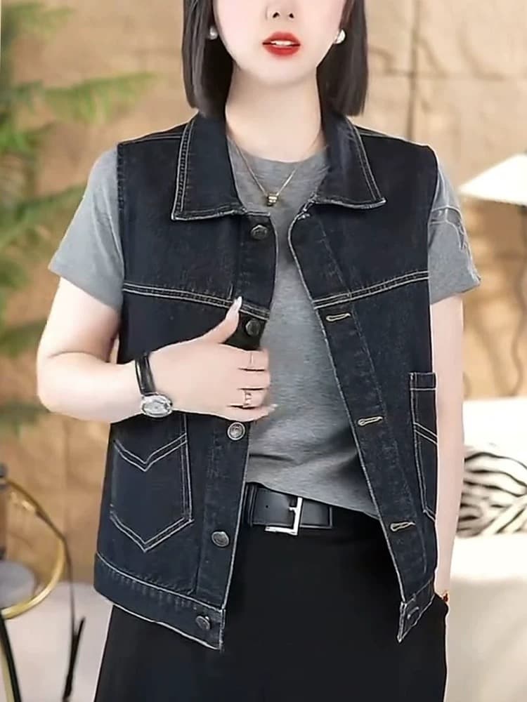 패션 품격 데님 조끼 여자 2026 여름 새로운 폭발 한국 스타일 연령 감소 고급 센스 민소매 어깨 조끼 상세 이미지 2