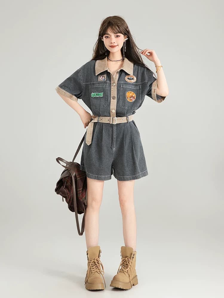 keiko 아메리칸 워크웨어 청바지 올인원 바지 여름 레트로 얇은 스타일 허리 수축 디스플레이 높음 슬림해 보이는 원피스 의류 반바지 상세 이미지 2