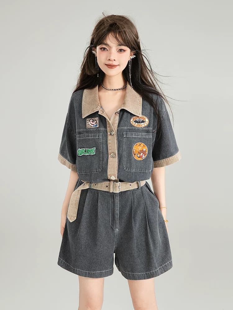keiko 아메리칸 워크웨어 청바지 올인원 바지 여름 레트로 얇은 스타일 허리 수축 디스플레이 높음 슬림해 보이는 원피스 의류 반바지 상세 이미지 3