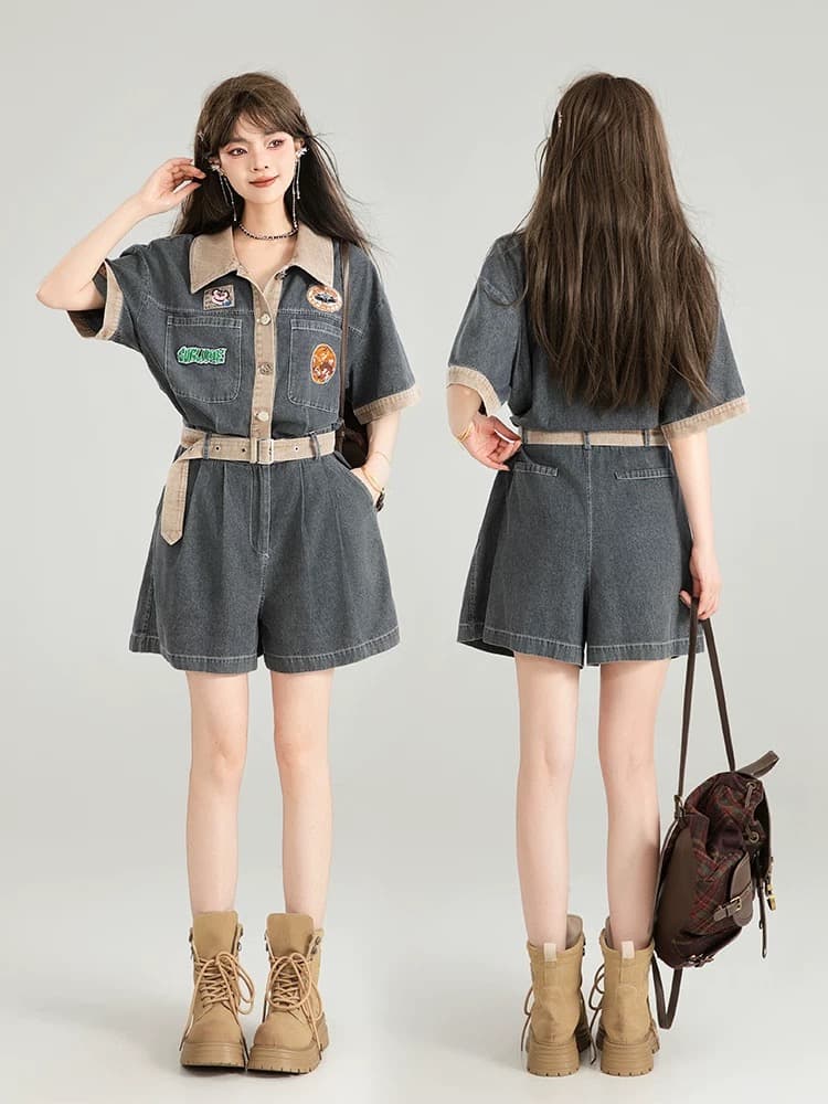 keiko 아메리칸 워크웨어 청바지 올인원 바지 여름 레트로 얇은 스타일 허리 수축 디스플레이 높음 슬림해 보이는 원피스 의류 반바지 상세 이미지 4