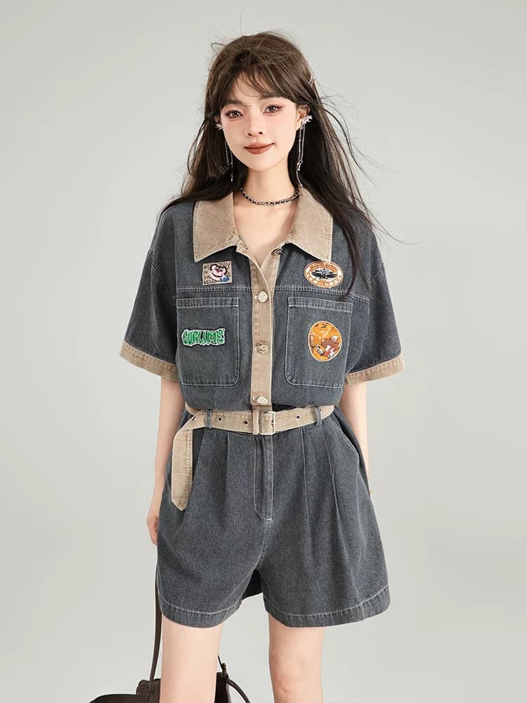 keiko 아메리칸 워크웨어 청바지 올인원 바지 여름 레트로 얇은 스타일 허리 수축 디스플레이 높음 슬림해 보이는 원피스 의류 반바지 상세 이미지 5
