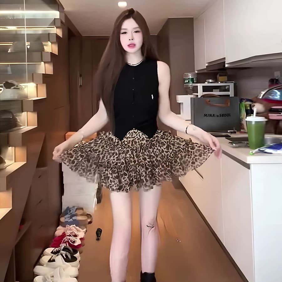 아메리칸 레트로 세트 여성 여름 고급 센스 품격 슬림해 보이는 민소매 조끼 맨위 레오파드 무늬 반신 스커트 투피스 세트 이미지 5