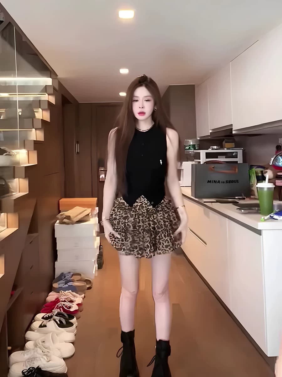 아메리칸 레트로 세트 여성 여름 고급 센스 품격 슬림해 보이는 민소매 조끼 맨위 레오파드 무늬 반신 스커트 투피스 세트 상세 이미지 1