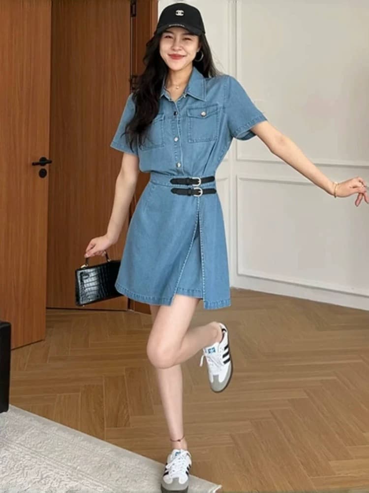 항구 바람 레트로 하나 슬라이스 페이크 레이어드 데님 여성 드레스 2026 여름 작은 키 허리 수축 슬림해 보이는 한 마디 미니 스커트 상세 이미지 1