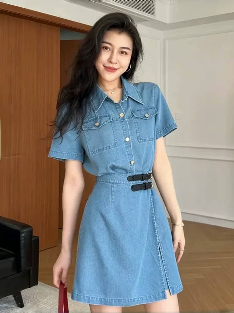 항구 바람 레트로 하나 슬라이스 페이크 레이어드 데님 여성 드레스 2026 여름 작은 키 허리 수축 슬림해 보이는 한 마디 미니 스커트 상세 이미지 3