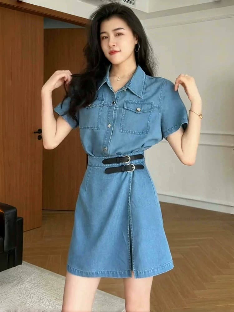 항구 바람 레트로 하나 슬라이스 페이크 레이어드 데님 여성 드레스 2026 여름 작은 키 허리 수축 슬림해 보이는 한 마디 미니 스커트 상세 이미지 4