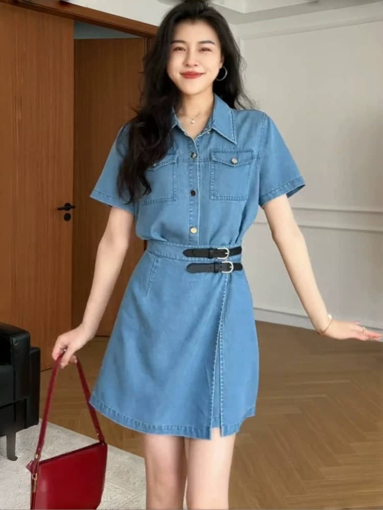 항구 바람 레트로 하나 슬라이스 페이크 레이어드 데님 여성 드레스 2026 여름 작은 키 허리 수축 슬림해 보이는 한 마디 미니 스커트 상세 이미지 5