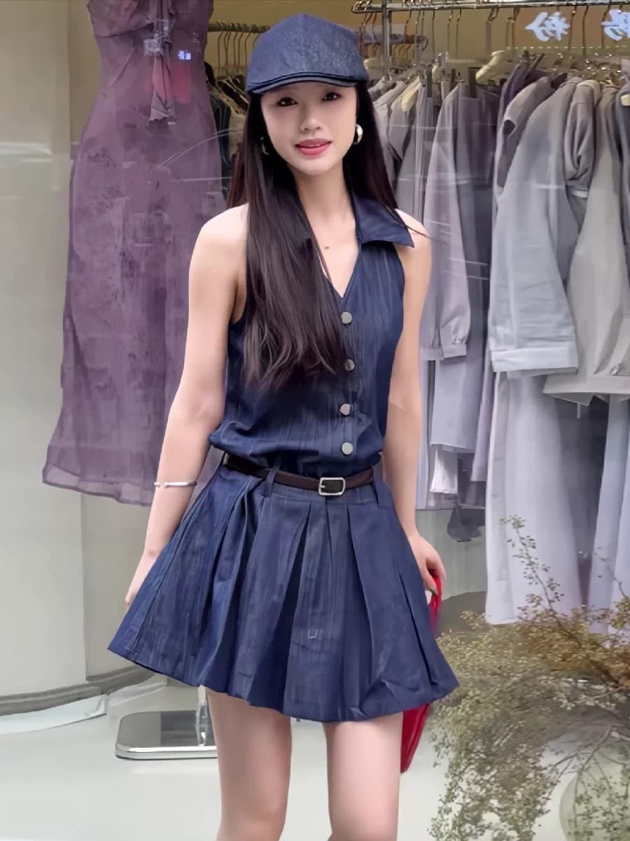 한 부서 레트로 POLO 칼라 민소매 데님 여성 드레스 여름 새로운 작은 키 외국 가스 허리 수축 한 마디 미니 스커트 상세 이미지 2