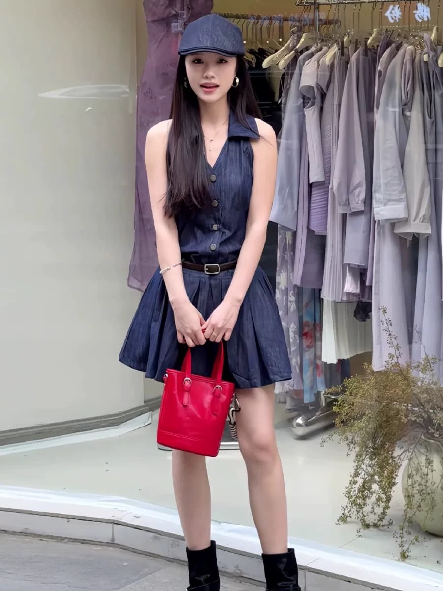 한 부서 레트로 POLO 칼라 민소매 데님 여성 드레스 여름 새로운 작은 키 외국 가스 허리 수축 한 마디 미니 스커트 상세 이미지 5