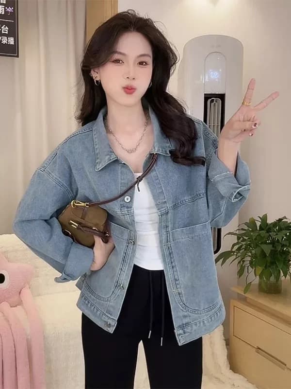 폴로 칼라 파란색 데님 짧은 여성 코트 봄 가을 2026 새로운 작은 키 다용도 디자인 센스 레트로 재킷 맨위 상세 이미지 1
