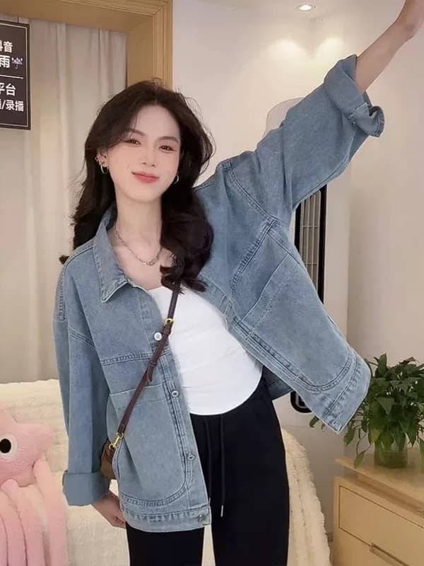 폴로 칼라 파란색 데님 짧은 여성 코트 봄 가을 2026 새로운 작은 키 다용도 디자인 센스 레트로 재킷 맨위 상세 이미지 3