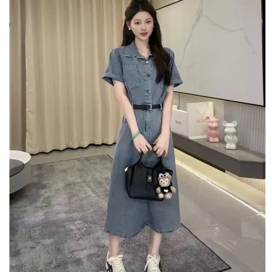 항구 바람 레트로 마 오래된 POLO 칼라 반팔 데님 드레스 2026 여름 새로운 허리 수축 슬림해 보이는 품격 롱 스커트 이미지 5