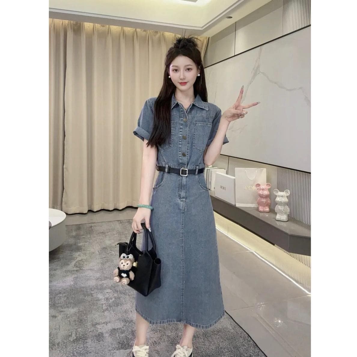 항구 바람 레트로 마 오래된 POLO 칼라 반팔 데님 드레스 2026 여름 새로운 허리 수축 슬림해 보이는 품격 롱 스커트 상세 이미지 1