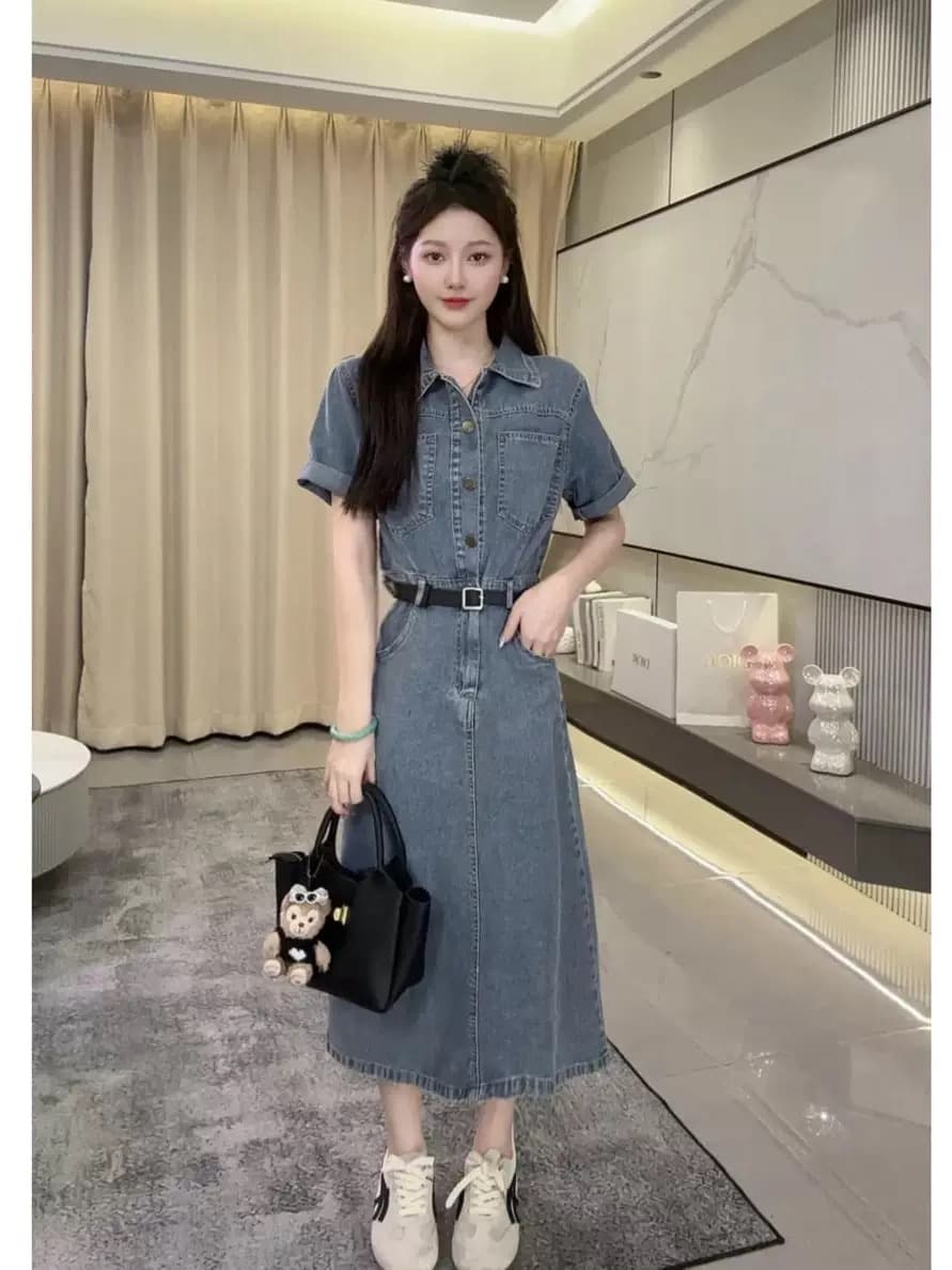 항구 바람 레트로 마 오래된 POLO 칼라 반팔 데님 드레스 2026 여름 새로운 허리 수축 슬림해 보이는 품격 롱 스커트 상세 이미지 2