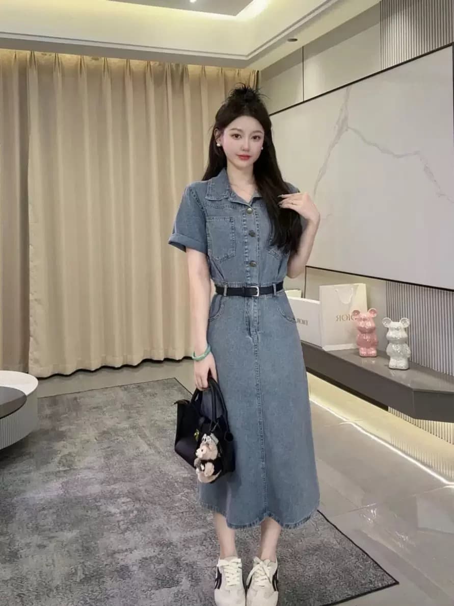 항구 바람 레트로 마 오래된 POLO 칼라 반팔 데님 드레스 2026 여름 새로운 허리 수축 슬림해 보이는 품격 롱 스커트 상세 이미지 3