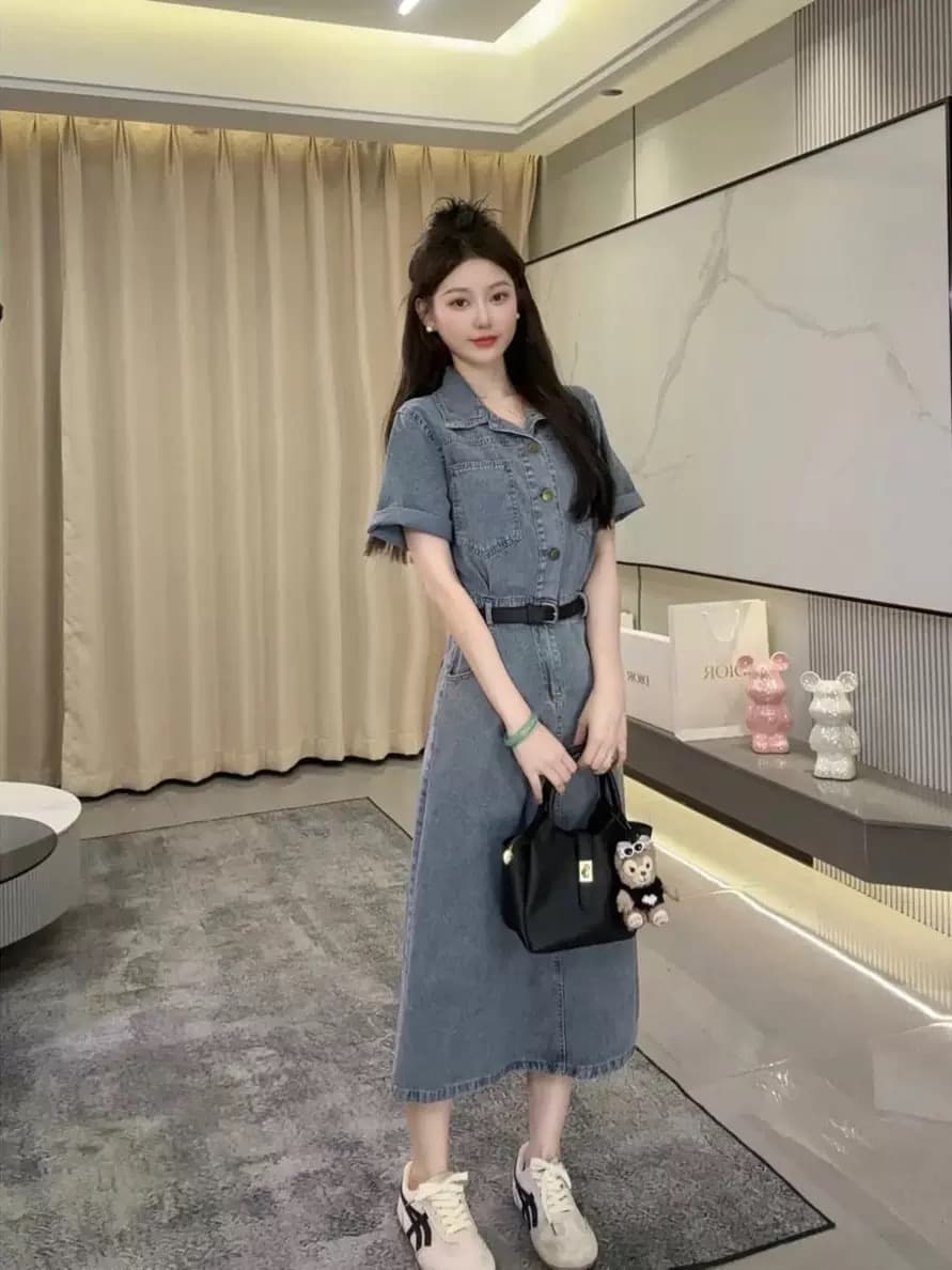 항구 바람 레트로 마 오래된 POLO 칼라 반팔 데님 드레스 2026 여름 새로운 허리 수축 슬림해 보이는 품격 롱 스커트 상세 이미지 4