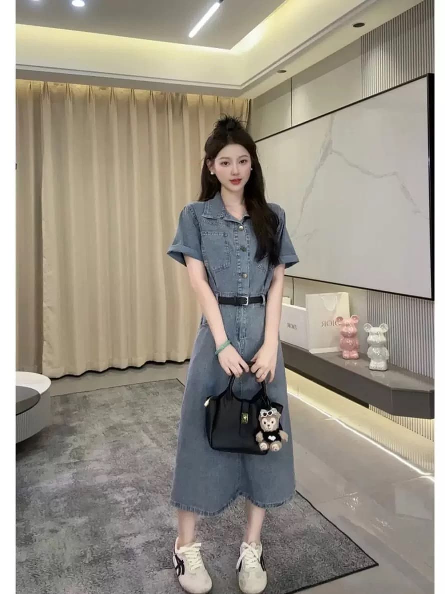 항구 바람 레트로 마 오래된 POLO 칼라 반팔 데님 드레스 2026 여름 새로운 허리 수축 슬림해 보이는 품격 롱 스커트 상세 이미지 5