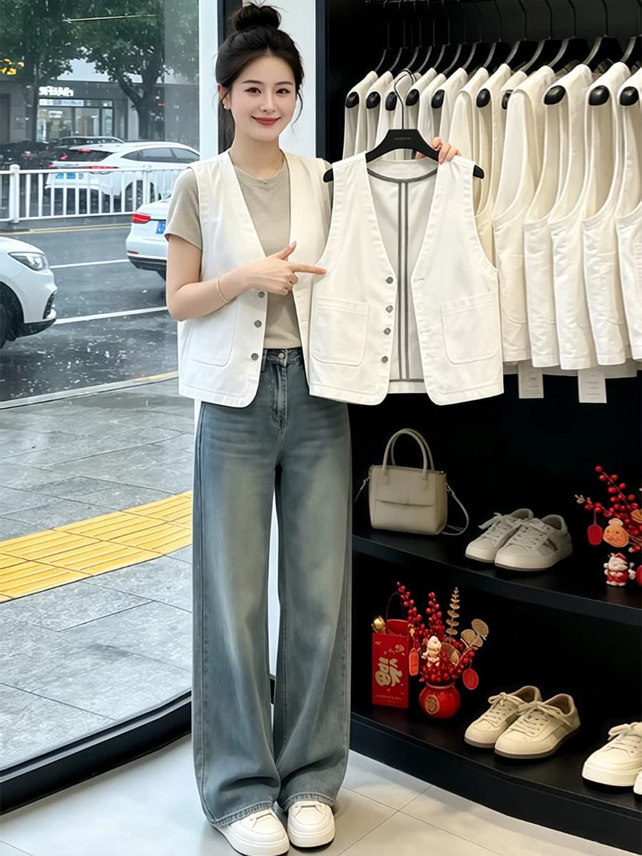 화이트 V넥 민소매 조끼 여자 외부 가져 가라. 작은 조끼 조끼 어깨 맨위 쇼트 스타일 다용도 캐주얼 재킷 재킷
