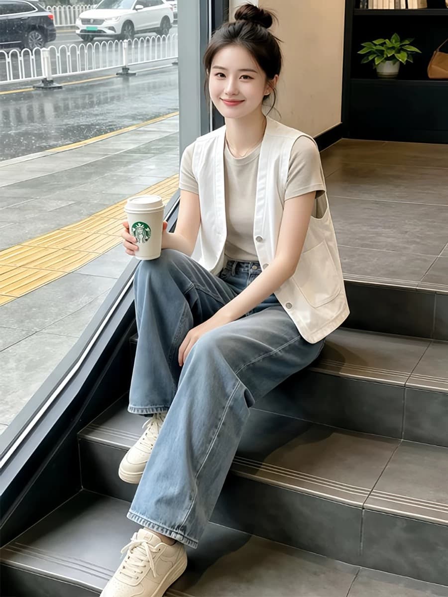 화이트 V넥 민소매 조끼 여자 외부 가져 가라. 작은 조끼 조끼 어깨 맨위 쇼트 스타일 다용도 캐주얼 재킷 재킷 이미지 3