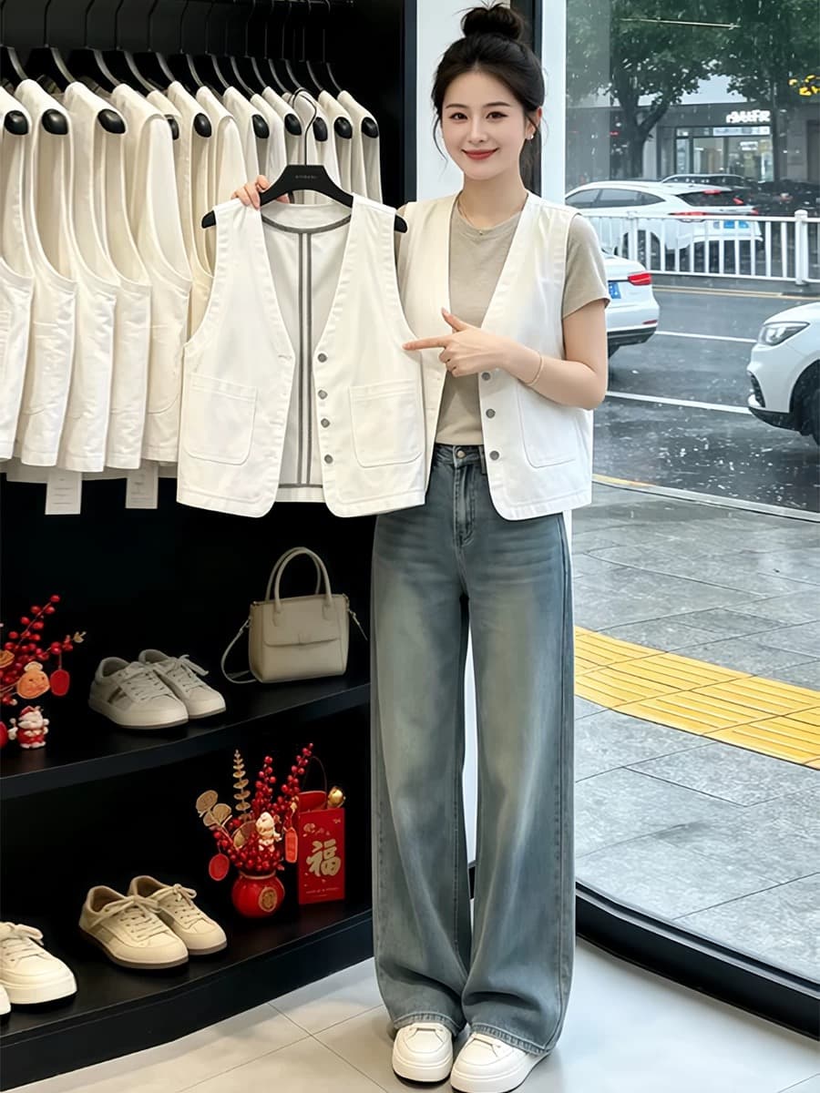 화이트 V넥 민소매 조끼 여자 외부 가져 가라. 작은 조끼 조끼 어깨 맨위 쇼트 스타일 다용도 캐주얼 재킷 재킷 상세 이미지 1