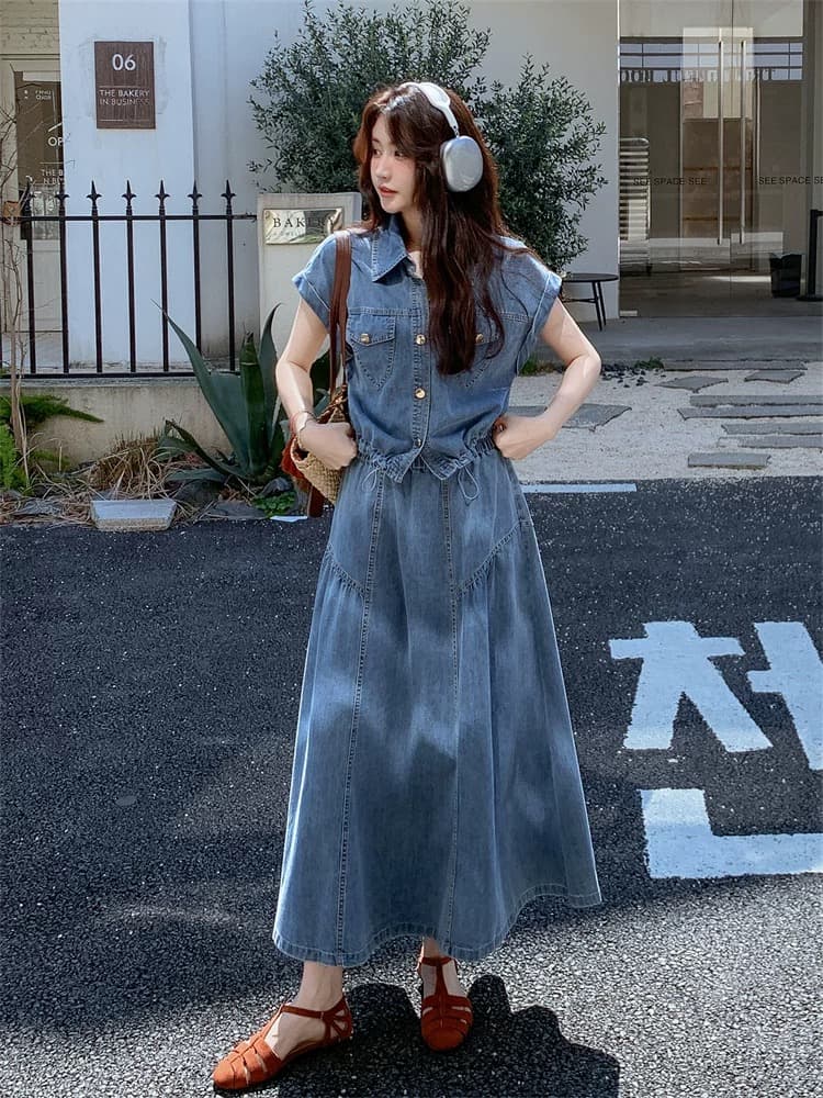 항구 바람 레트로 데님 반팔 셔츠 반신 스커트 두 조각 여성 세트 여름 2026 새로운 튀김 거리 인기 전체 집합 상세 이미지 1