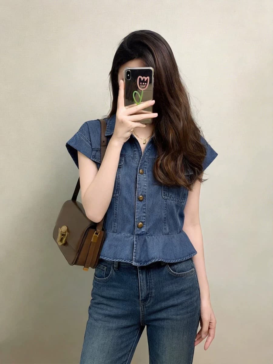 파란색 데님 허리 수축 셔츠 여자 여름 드레스 2026 년 새로운 작은 키 쇼트 스타일 프랑스식 사소한 Chic 맨위 상세 이미지 1
